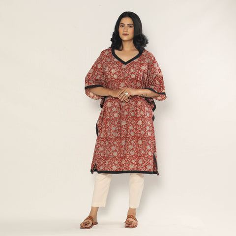 Red - Bagru Dabu Block Printing Cotton Kaftan Dress (Medium)