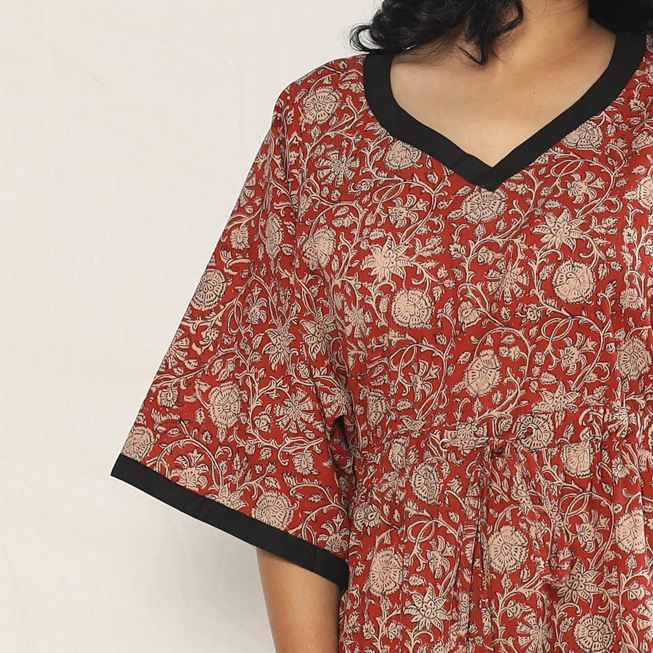 Red - Bagru Dabu Hand Block Print Cotton Kaftan Dress (Medium)