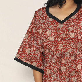 Red - Bagru Dabu Hand Block Print Cotton Kaftan Dress (Medium)