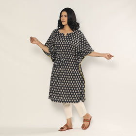 Black - Bagru Dabu Block Printing Cotton Kaftan Dress (Medium)