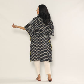 Black - Bagru Dabu Block Printing Cotton Kaftan Dress (Medium)