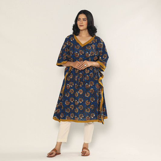 Blue - Bagru Dabu Block Printing Cotton Kaftan Dress (Medium)