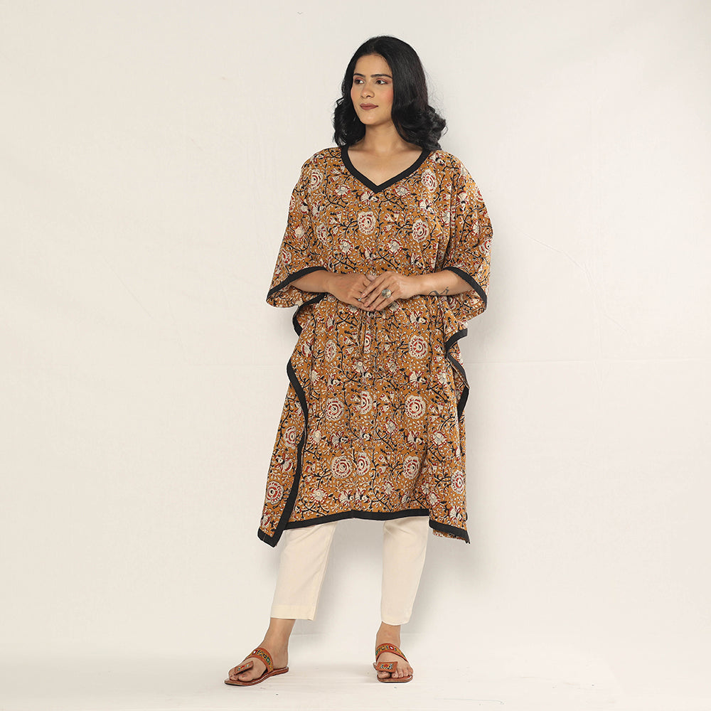 Brown - Bagru Dabu Hand Block Print Cotton Kaftan Dress (Medium)