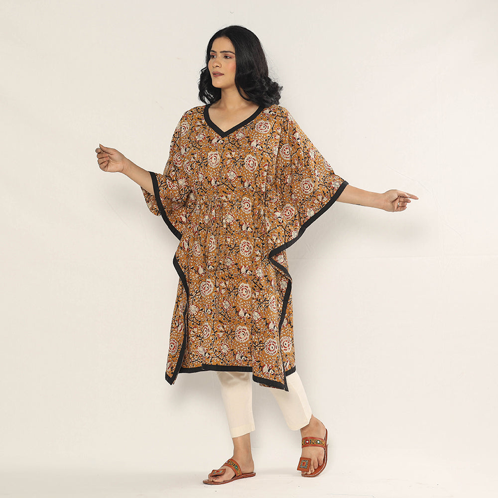Brown - Bagru Dabu Hand Block Print Cotton Kaftan Dress (Medium)