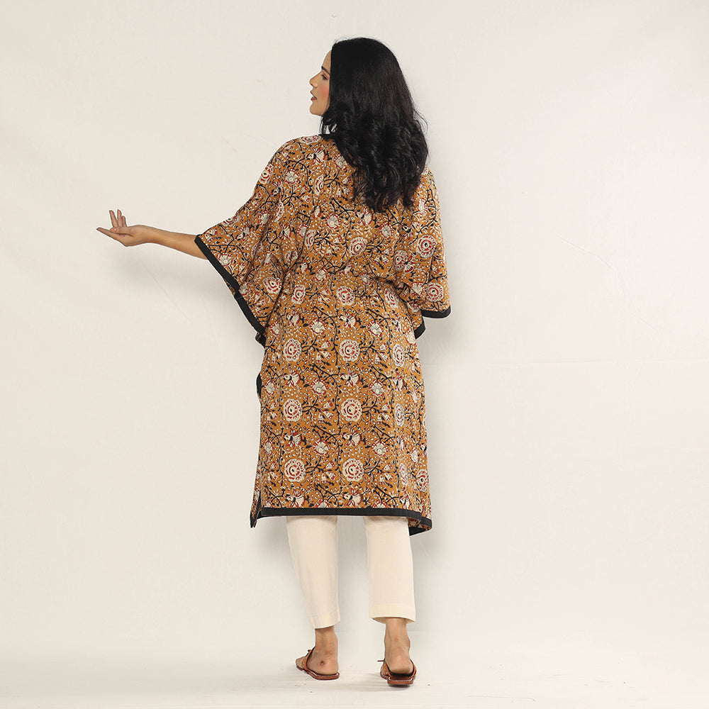 Brown - Bagru Dabu Hand Block Print Cotton Kaftan Dress (Medium)