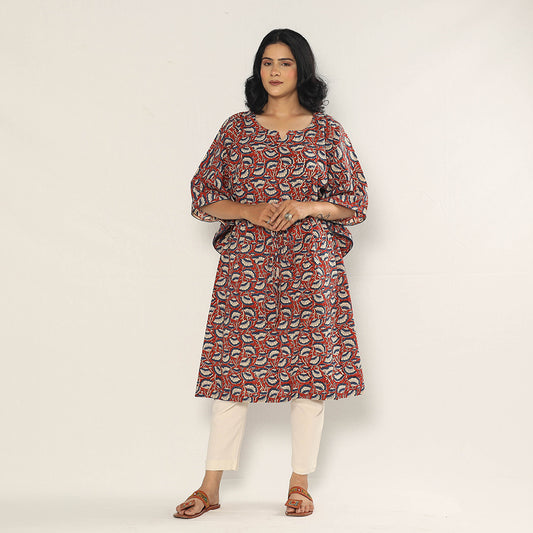 Maroon - Bagru Dabu Block Printing Cotton Kaftan Dress (Medium)
