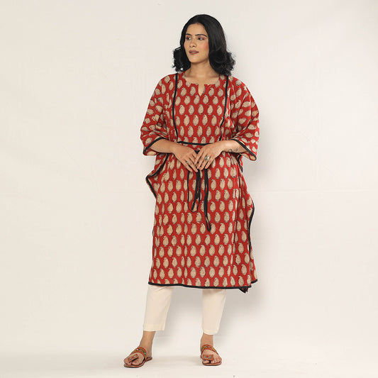 Red - Bagru Dabu Block Printing Cotton Kaftan Dress (Medium)