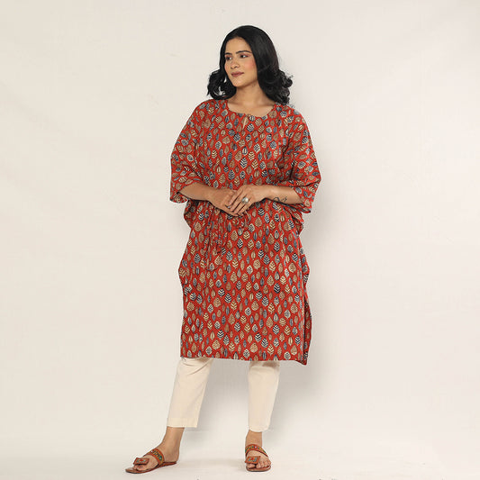 Red - Bagru Dabu Block Printing Cotton Kaftan Dress (Medium)