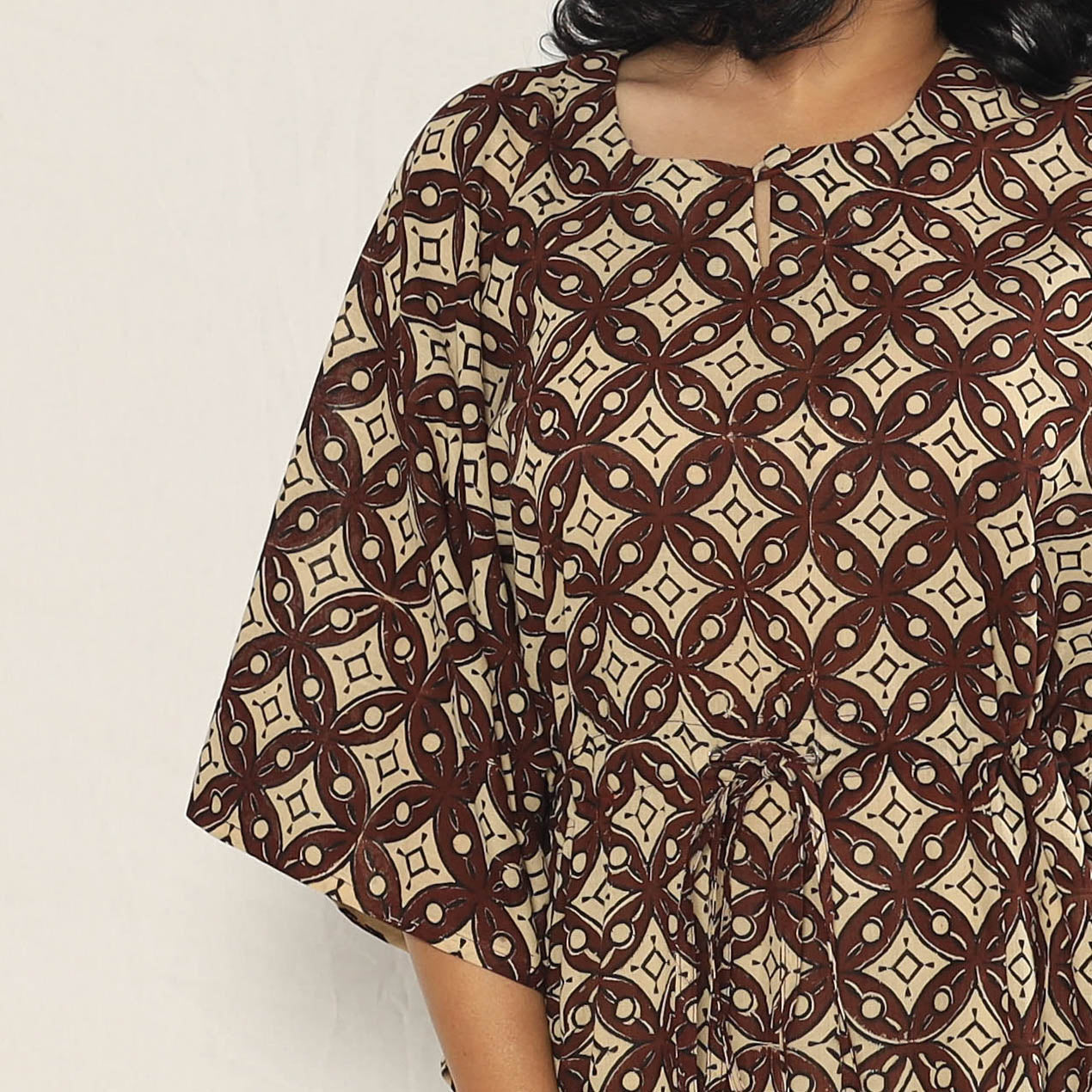 Brown - Bagru Dabu Block Printing Cotton Kaftan Dress (Medium)