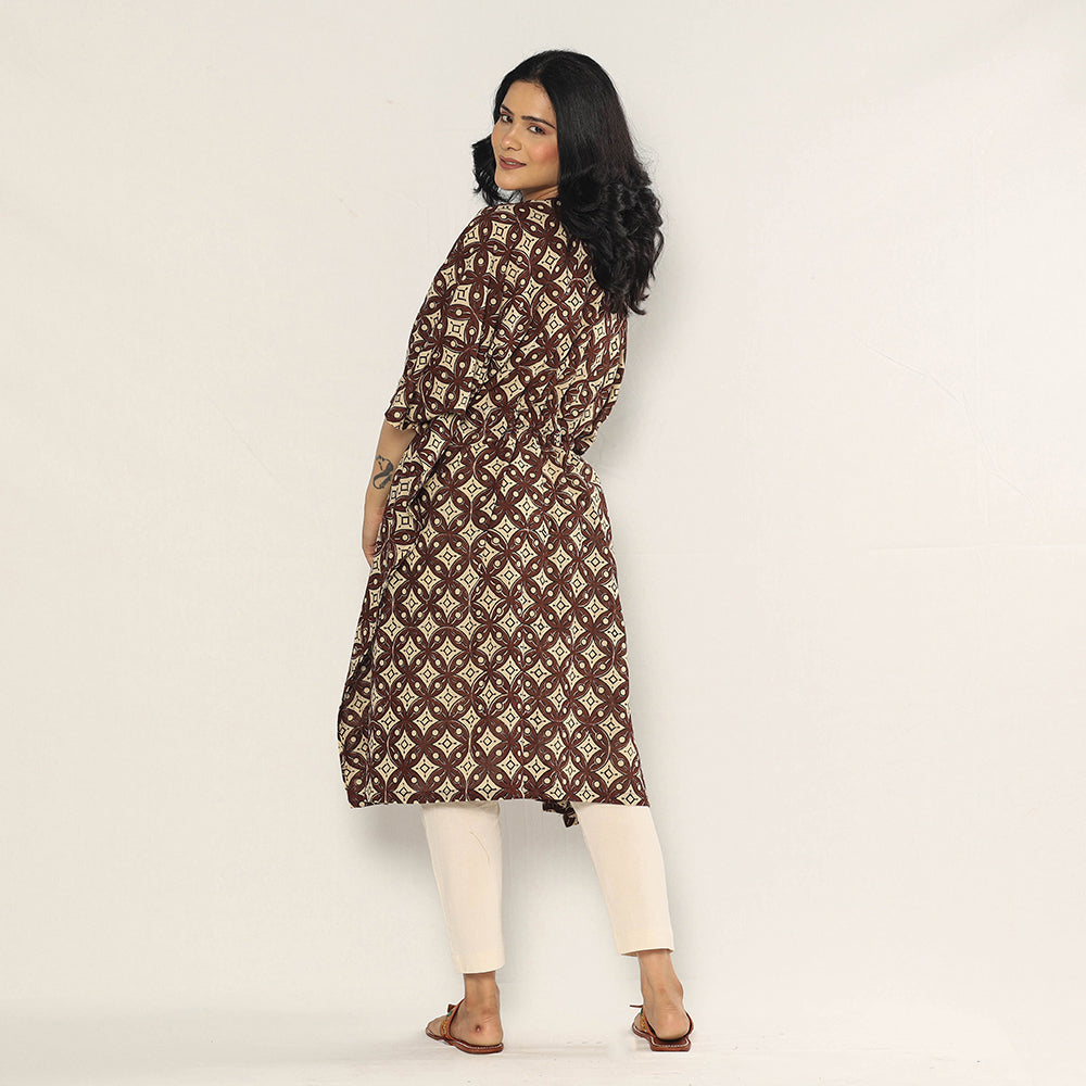 Brown - Bagru Dabu Block Printing Cotton Kaftan Dress (Medium)