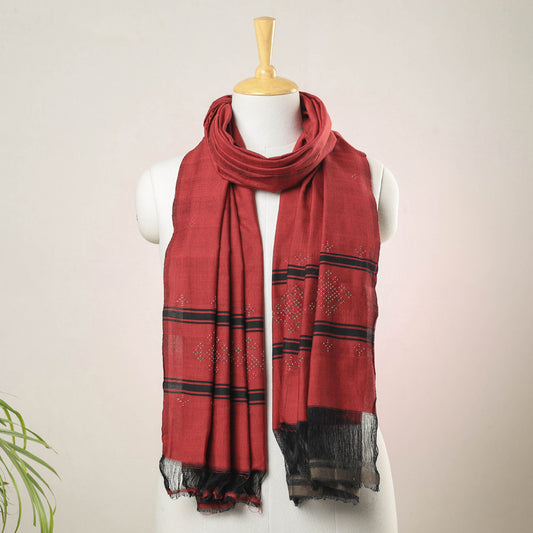 Red - Tangaliya Work Handwoven Cotton Stole with Tassels