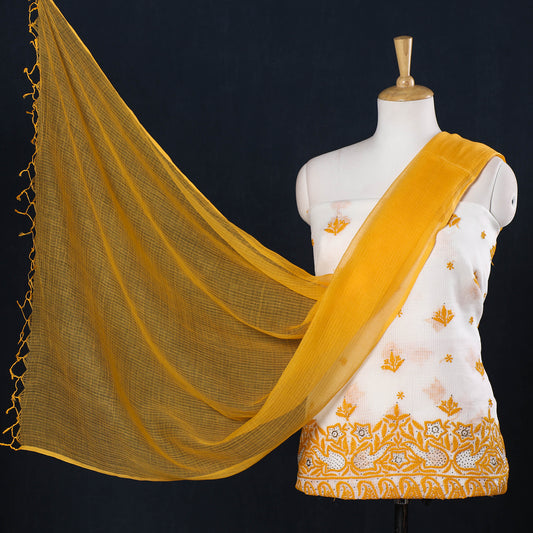 White - 2pc Lucknow Chikankari Mukaish Hand Embroidery Kota Doria Suit Material Set