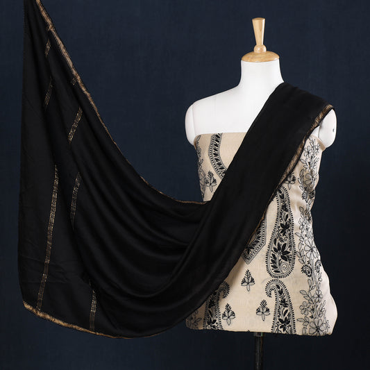 Beige - 2pc Lucknow Chikankari Hand Embroidery Zari Work Chanderi Silk Suit Material Set