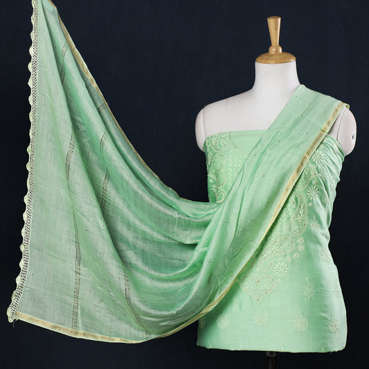 Green - 2pc Lucknow Chikankari Hand Embroidery Zari Work Chanderi Silk Suit Material Set