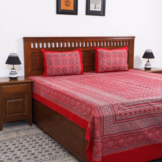 Red - Ajrakh Block Printing Natural Dyed Cotton Double Bed Cover with Pillow Covers (112 x 90 in)