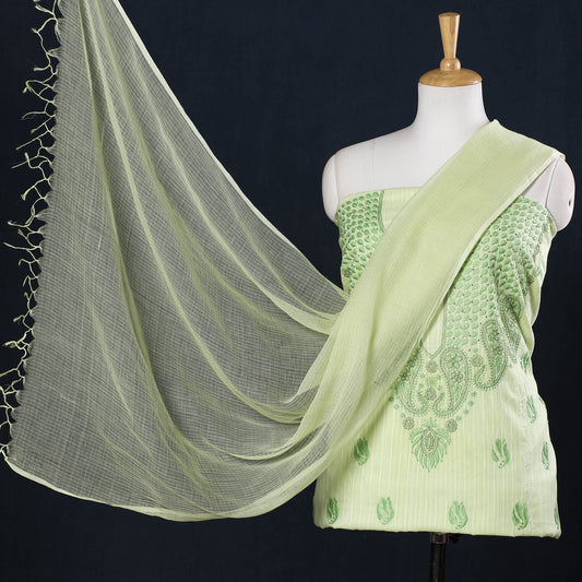 Green - 2pc Lucknow Chikankari Hand Embroidery Cotton Suit Material with Kota Doria Dupatta