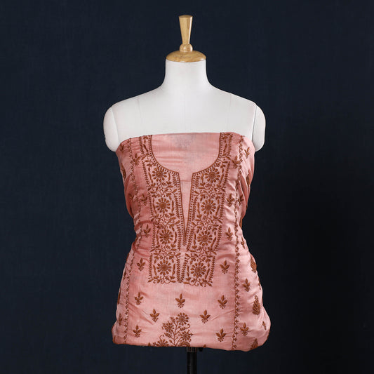 Pink - Lucknow Chikankari Hand Embroidery Tussar Silk Handloom Kurta Material - 2.85 Meter