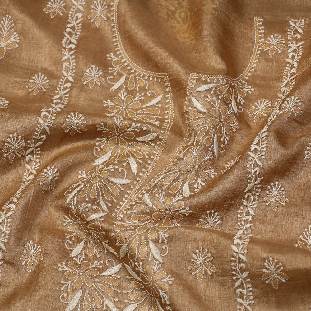 Brown - Lucknow Chikankari Hand Embroidery Tussar Silk Handloom Kurta Material - 2.8 Meter