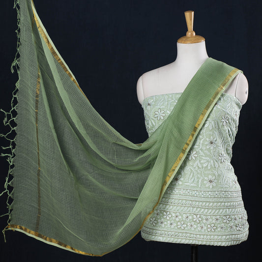Green - 2pc Lucknow Chikankari Hand Embroidery Beadwork Kota Doria Suit Material Set