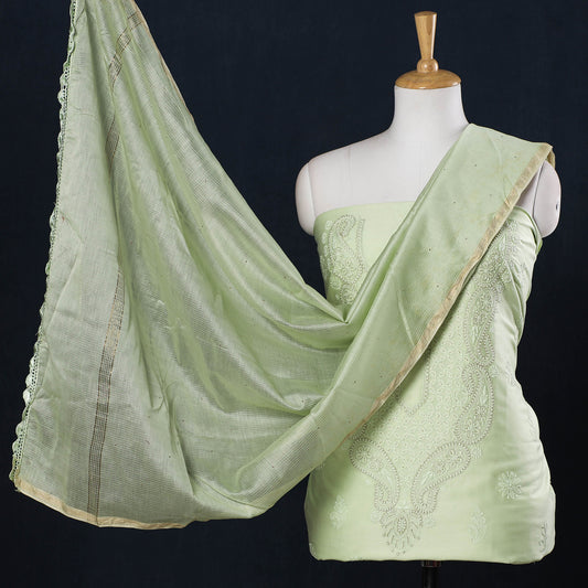 Green - 2pc Lucknow Chikankari Mukaish Hand Embroidery Chanderi Silk Suit Material Set