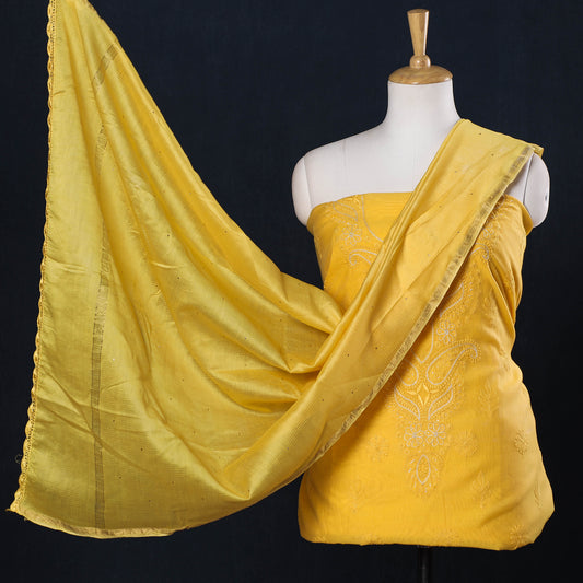 Yellow - 2pc Lucknow Chikankari Mukaish Hand Embroidery Chanderi Silk Suit Material Set