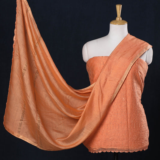 Orange - 2pc Lucknow Chikankari Mukaish Hand Embroidery Chanderi Silk Suit Material Set