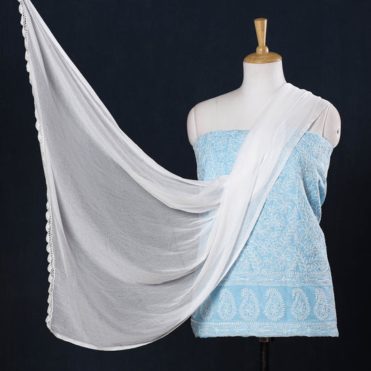 Blue - 3pc Lucknow Chikankari Hand Embroidery Terivoile Cotton Suit Material Set with Chiffon Dupatta