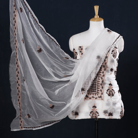 White - 2pc Lucknow Chikankari Hand Embroidery Chanderi Silk Handloom Suit Material Set
