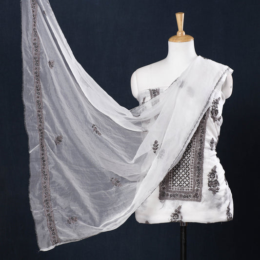 White - 2pc Lucknow Chikankari Hand Embroidery Chanderi Silk Handloom Suit Material Set