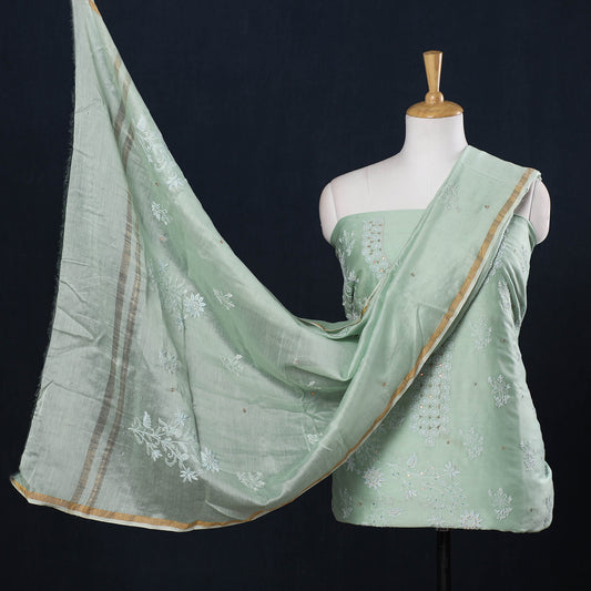 Green - 2pc Lucknow Chikankari Hand Embroidery Organza Silk Handloom Suit Material Set