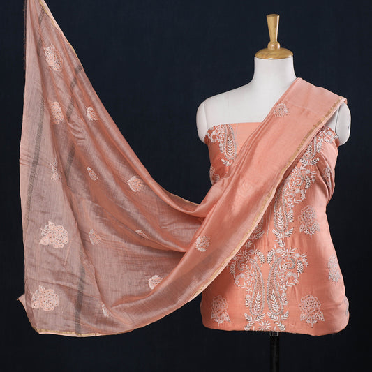 Peach - 2pc Lucknow Chikankari Hand Embroidery Organza Silk Handloom Suit Material Set