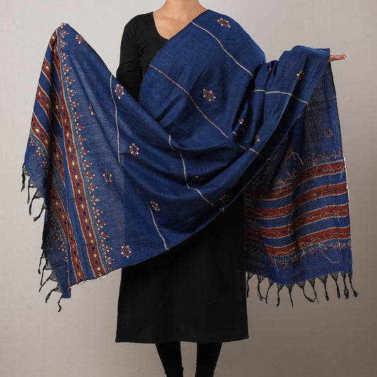 Bengal Kantha Embroidery Khes Handwoven Cotton Dupatta with Tassels