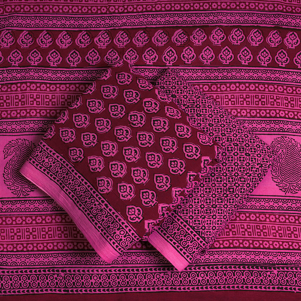 Pink - 3pc Bagh Block Printed Natural Dyed Cotton Suit Material Set 02