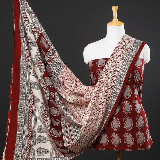 Maroon - 3pc Bagh Block Printed Natural Dyed Cotton Suit Material Set