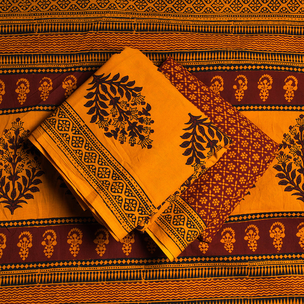 Yellow - 3pc Bagh Block Printed Natural Dyed Cotton Suit Material Set 03