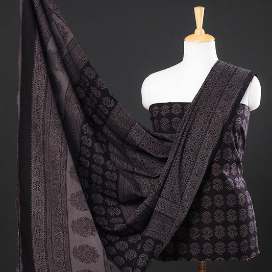 Black - 3pc Bagh Block Printed Natural Dyed Cotton Suit Material Set 04