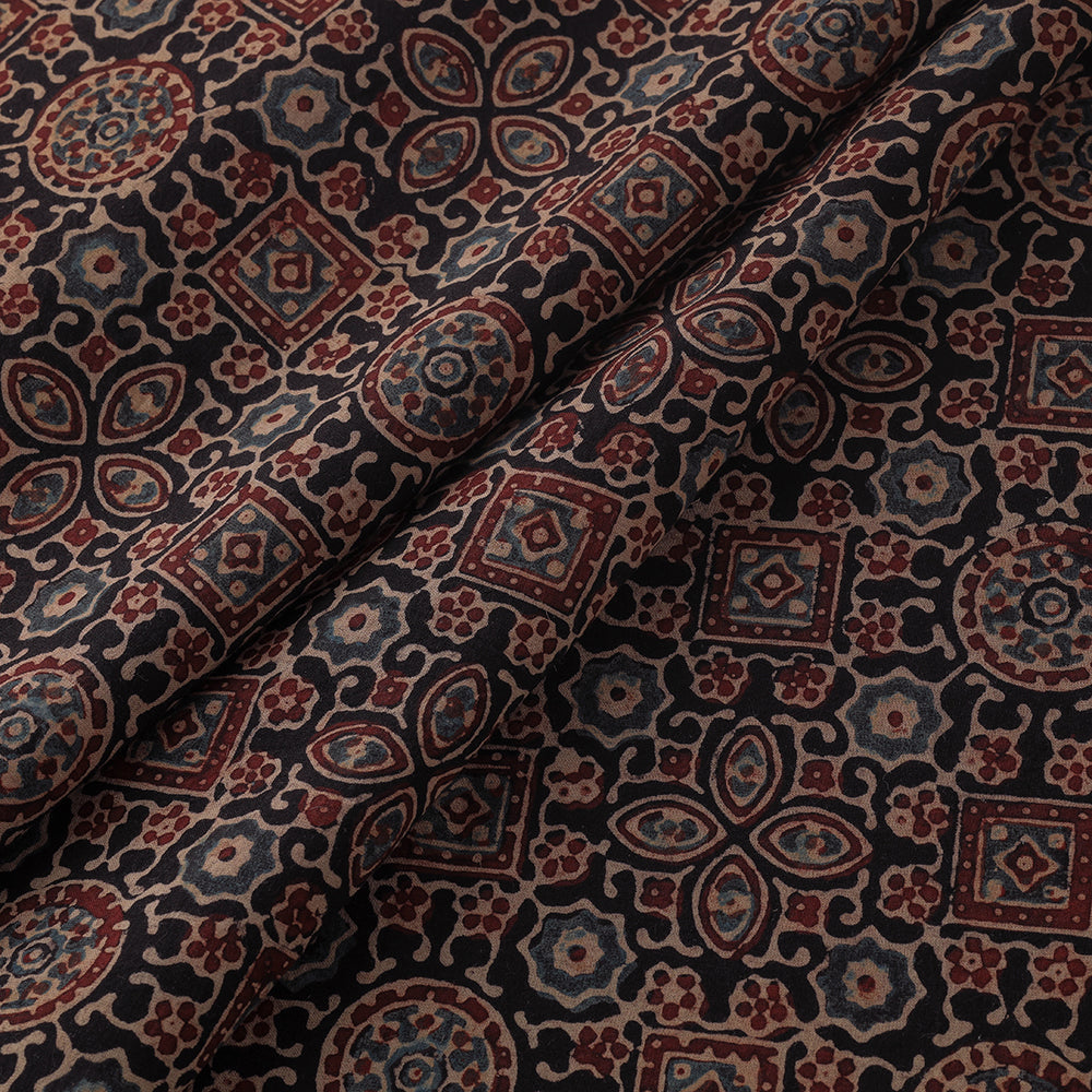 Black Patterned Floral Ajrakh Hand Block Printed Cotton Fabric