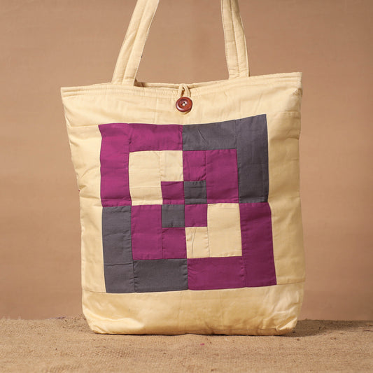Beige - Patchwork Quilted Cotton Square N Square Shoulder Bag
