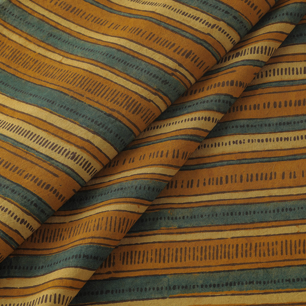 Yellow & Green Stripes Ajrakh Block Printed Cotton Fabric