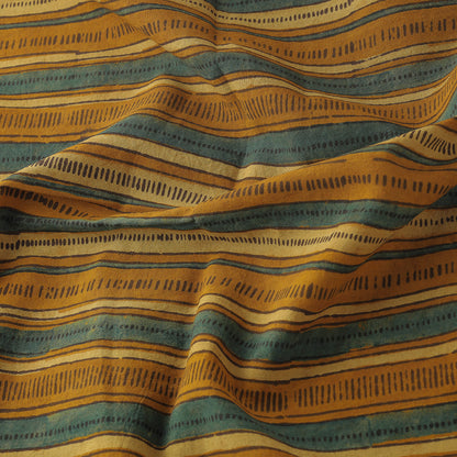 Yellow & Green Stripes Ajrakh Block Printed Cotton Fabric