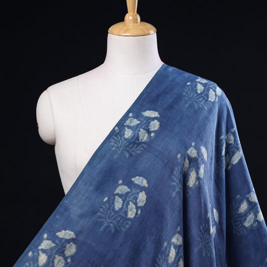 Blue - Mulberry Tussar Silk Akola Hand Block Printed Fabric