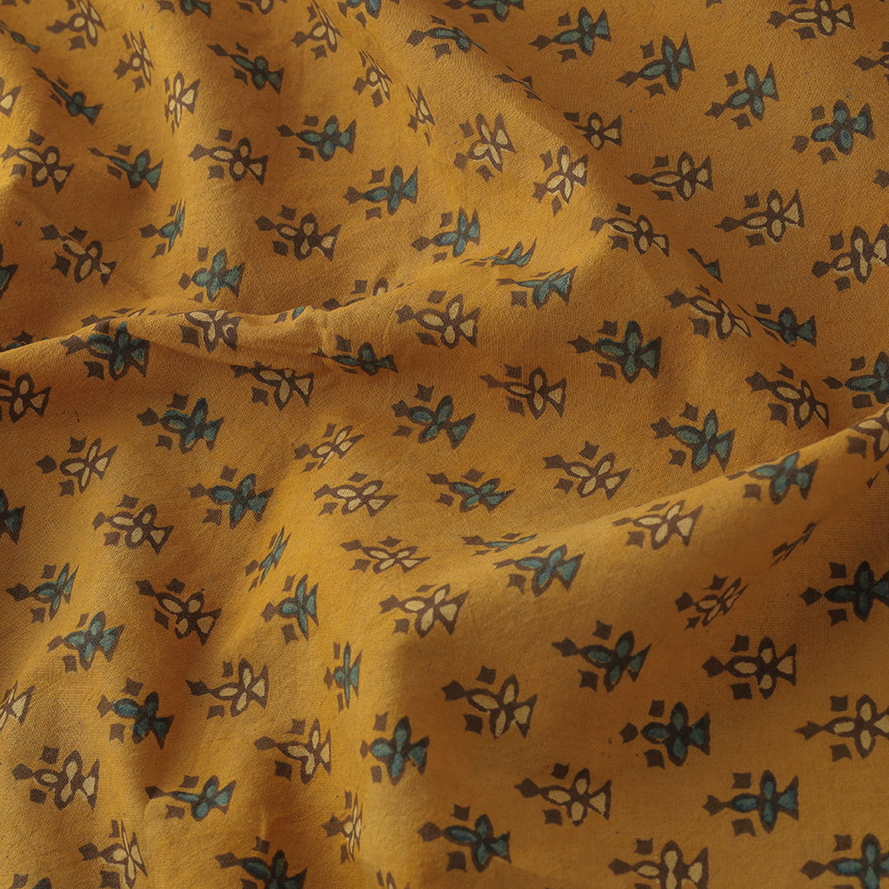 Medallion Yellow Ajrakh Hand Block Printed Cotton Fabric