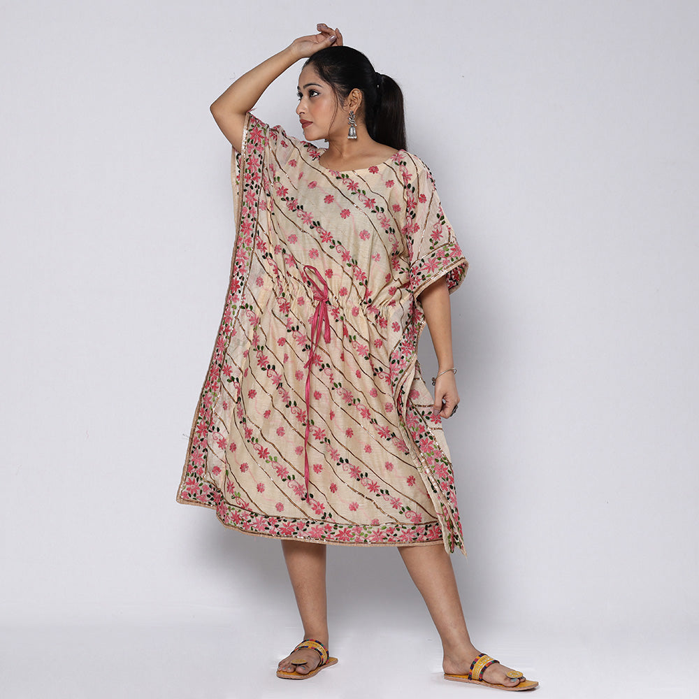Beige - Phulkari Embroidery Chapa Work Chanderi Silk Kaftan with Tie-Up Waist (Medium)