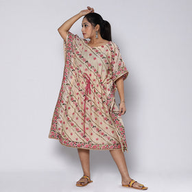 Beige - Phulkari Embroidery Chapa Work Chanderi Silk Kaftan with Tie-Up Waist (Medium)