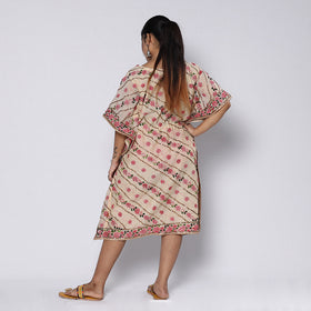 Beige - Phulkari Embroidery Chapa Work Chanderi Silk Kaftan with Tie-Up Waist (Medium)