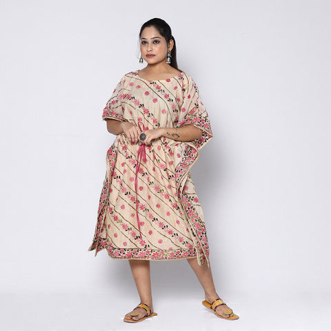 Beige - Phulkari Embroidery Chapa Work Chanderi Silk Kaftan with Tie-Up Waist (Medium)