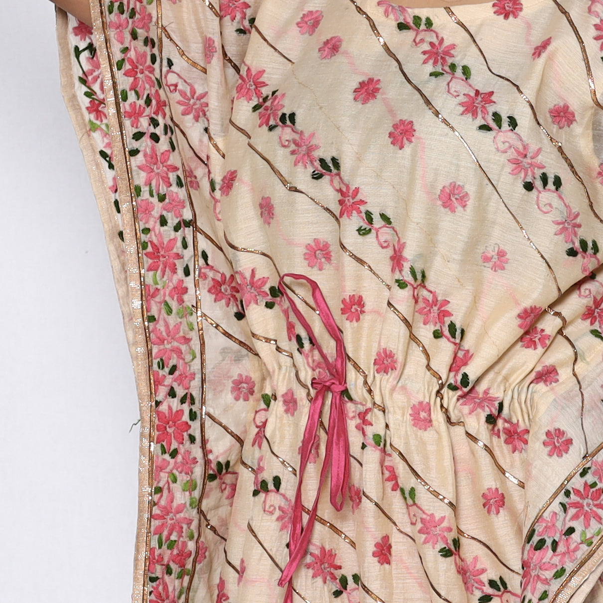 Beige - Phulkari Embroidery Chapa Work Chanderi Silk Kaftan with Tie-Up Waist (Medium)