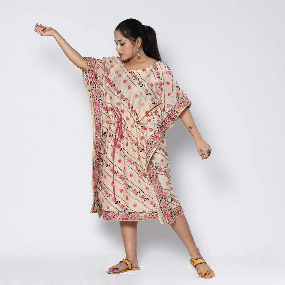 Beige - Phulkari Embroidery Chapa Work Chanderi Silk Kaftan with Tie-Up Waist (Medium)