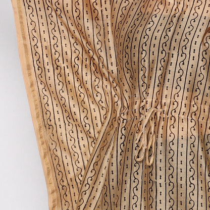 Beige - Bagru Block Printing Chanderi Silk Kaftan with Tie-Up Waist (Medium)