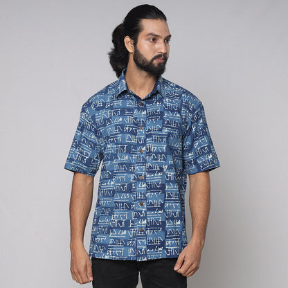 Blue - Bindaas Block Printed Natural Dyed Cotton Men Half Sleeve Shirt